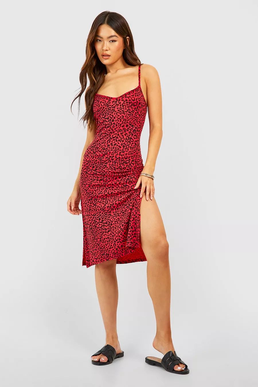 Leopard Print Jersey Slip Midi Dress | Boohoo.com (US & CA)