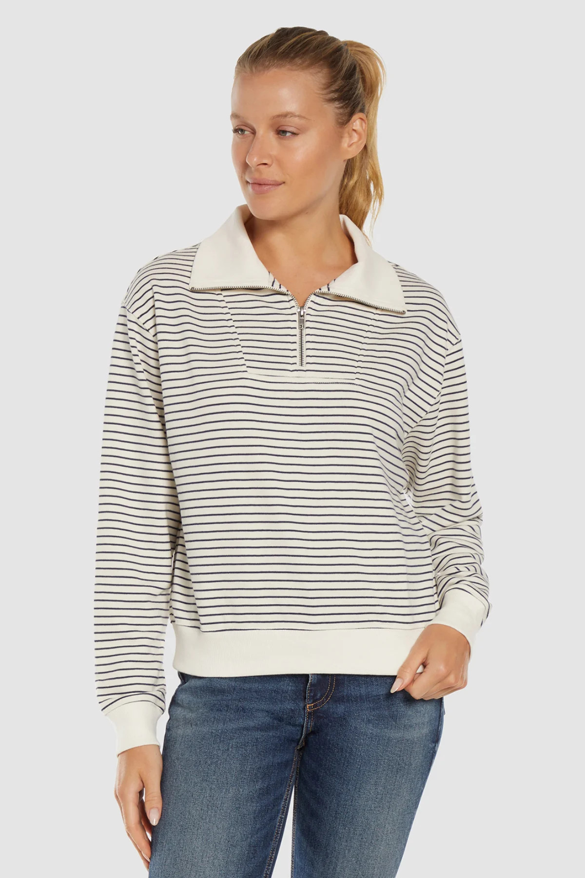 Marty Pullover | Egret Peacoat Stripe | Three Dots