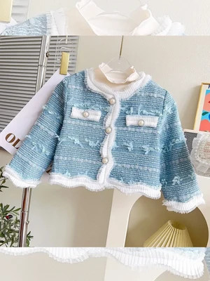 Girls Elegant Pearl Button-Up Tweed Jacket with Delicate Ruffle Trim Blue / 4T | Mia Belle Girls