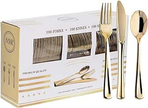 N9R 300PCS Gold Plastic Silverware - Gold Plastic Cutlery Set Disposable Flatware Dinnerware -100... | Amazon (US)