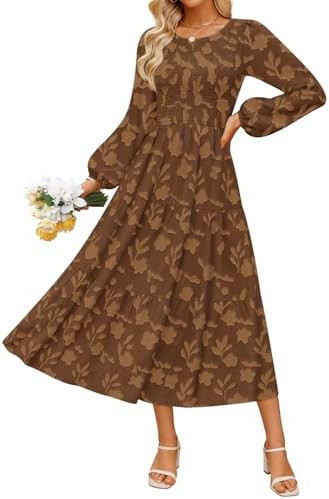 ZESICA Women's Fall Boho Floral Midi Dress 2025 Casual Long Sleeve Crewneck Flowy Wedding Guest L... | Amazon (US)