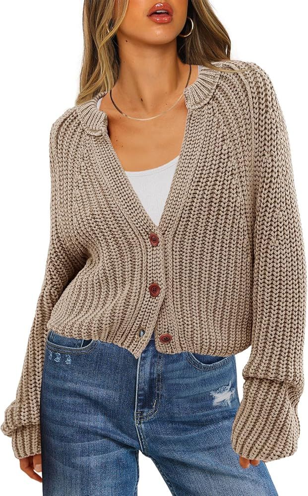 ReachMe Womens Fall Cable Knit Cardigan Chunky Button Cropped Sweaters Open Front Long Sleeve V N... | Amazon (US)