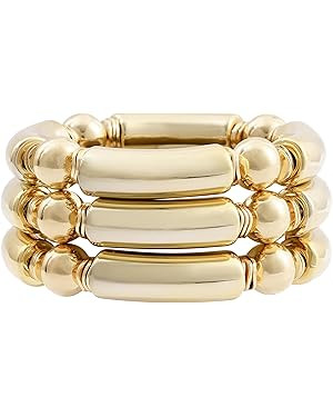 Gold Plated Beaded Acrylic Bamboo Tube Bangle Bracelets for Women, Colorful Chunky Curved Tube Wi... | Amazon (US)