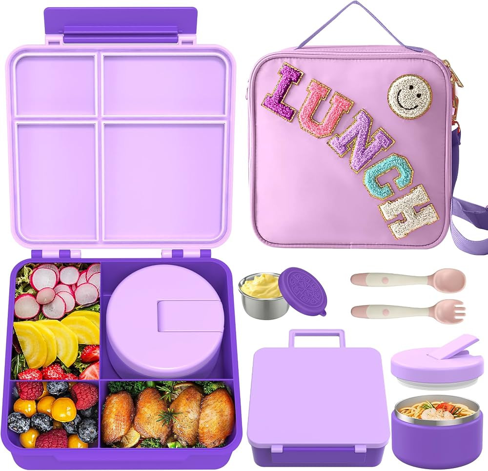Kids Bento Lunch Box with 8oz Soup Thermo, Kids Leakproof Lunch Food Containers with 4 Compartmen... | Amazon (US)