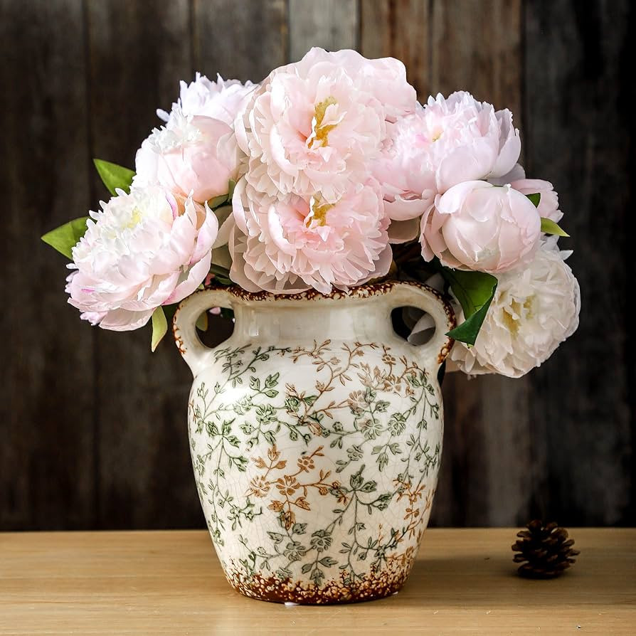 Enra Vintage vase,7.8 Inch Green and Beige Ceramic Decorative Flower vase, Chinoiserie Floral Vas... | Amazon (US)