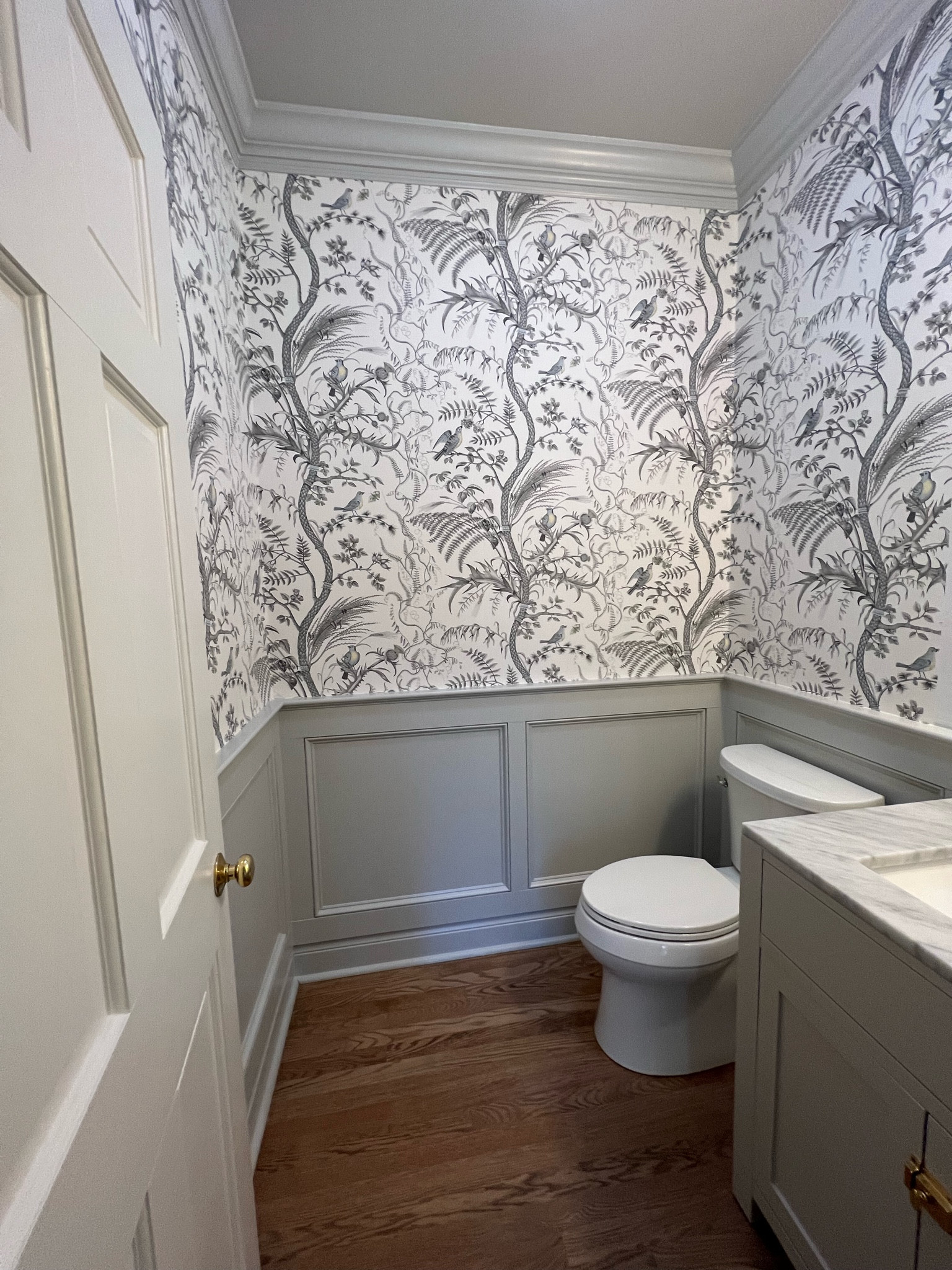 Bird and thistle, gray bathroom, classic modern bathroom, Kohler, vanity, diy, wood oak floors, white, kravet 

The vanity is an instock vanity that I painted Gray Owl, Benjamin Moore advance 

#LTKhome #LTKsalealert #LTKstyletip