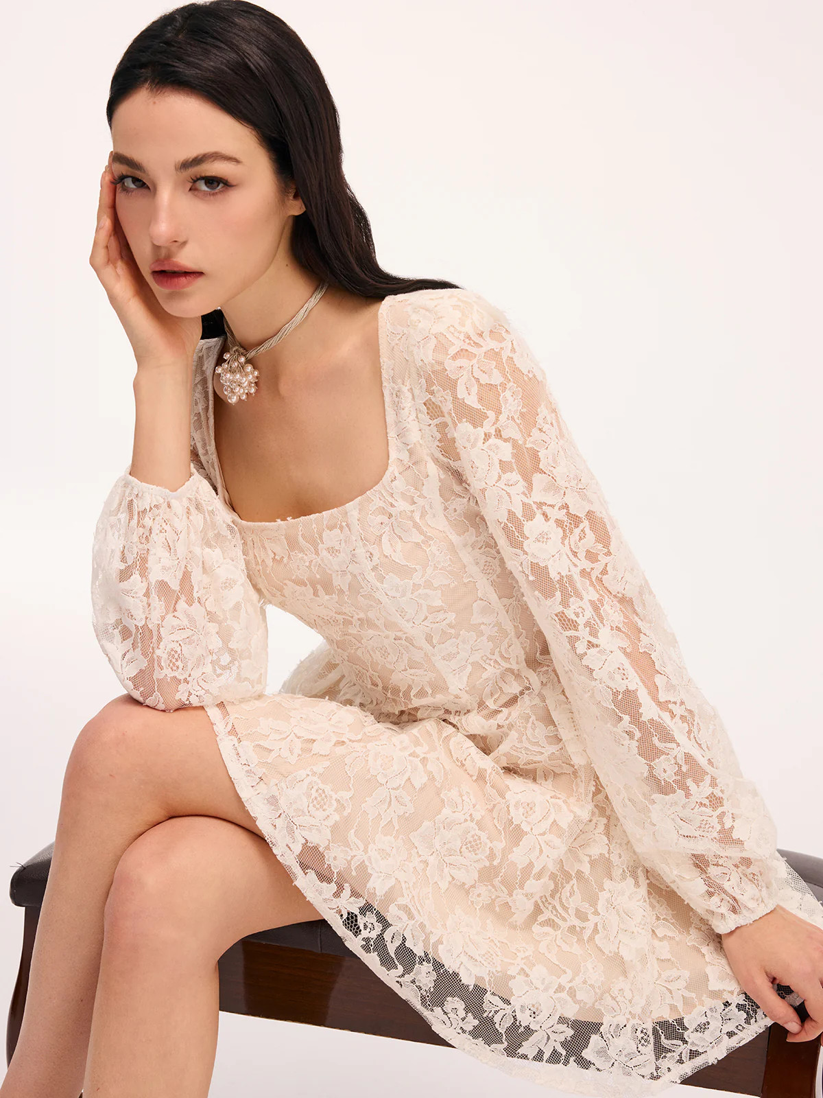 Semi-Sheer Floral Lace Square Neck Mini Dress | Commense