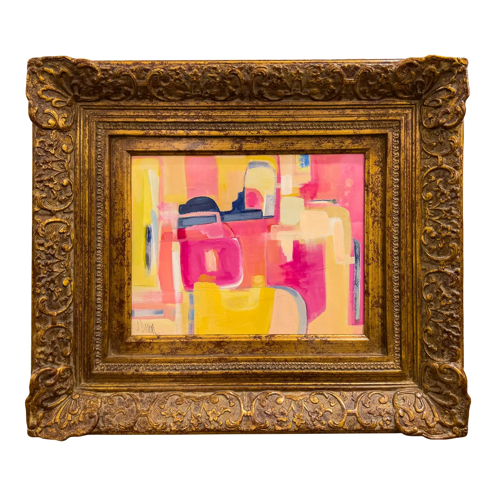 "Sun & Moon" Pink/Yellow Modern Painting in Vintage Frame | Chairish