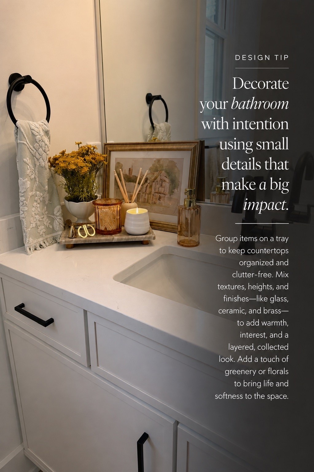Small details can make the biggest difference in a bathroom 🤎 Style the countertop with a decorative tray, candle, diffuser, framed art, and a touch of florals. Mixing glass, ceramic, brass, and soft textiles adds warmth and gives the space a beautifully collected feel.

#porcheandco #BathroomDecor #BathroomStyling #BathroomInspo #HomeDecor

#LTKHome #LTKvlog