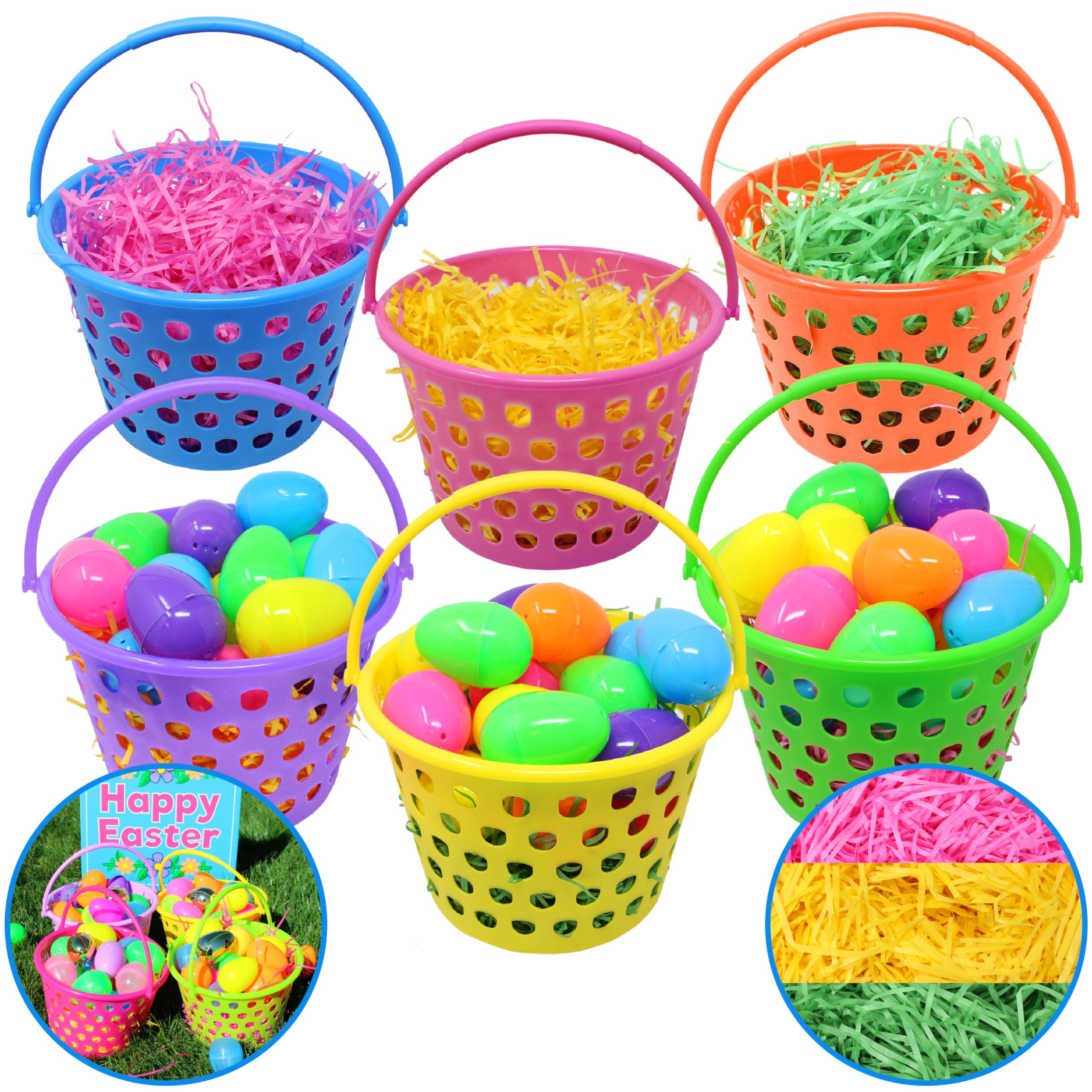 JOYIN 6 Pieces Easter Plastic Baskets with Handle, Easter Eggs Hunt Bucket Bags Filled with 55g T... | Amazon (US)