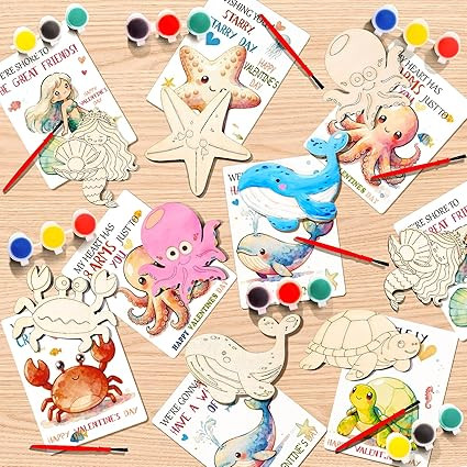 Valentines Day Gifts For Kids- 28 Pack Valentines Wood Paint Set with Sea Animals Cards for Class... | Amazon (US)