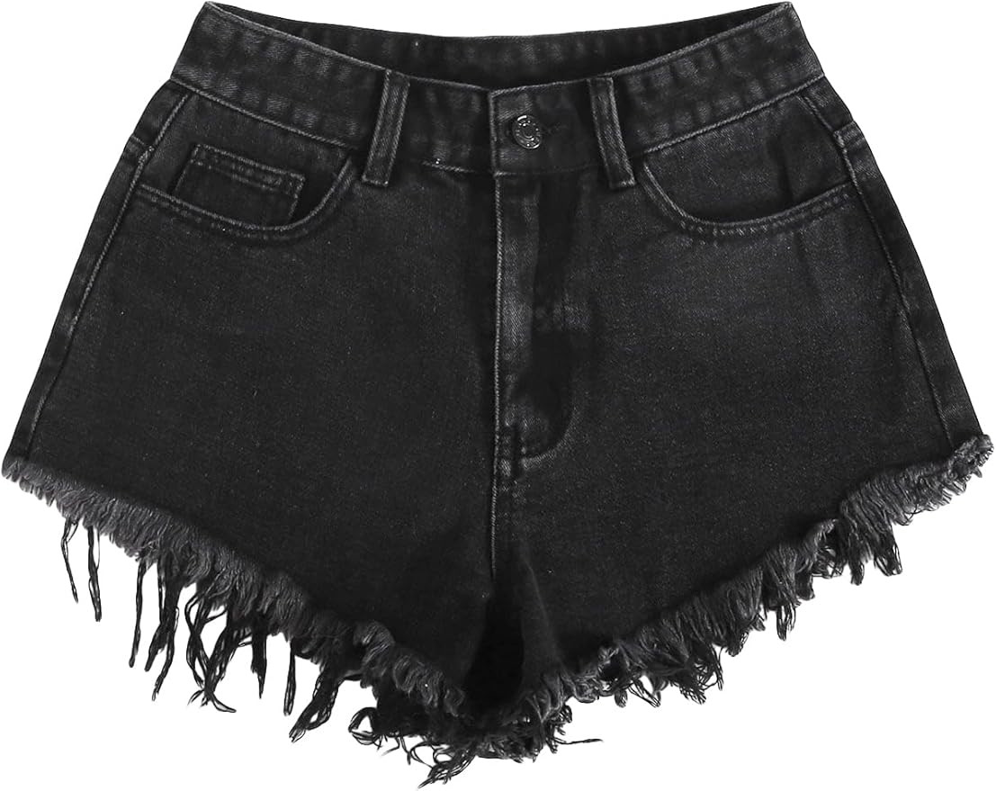 SOLY HUX Women's High Waisted Raw Hem Embroidery Denim Jean Shorts with Pockets | Amazon (US)