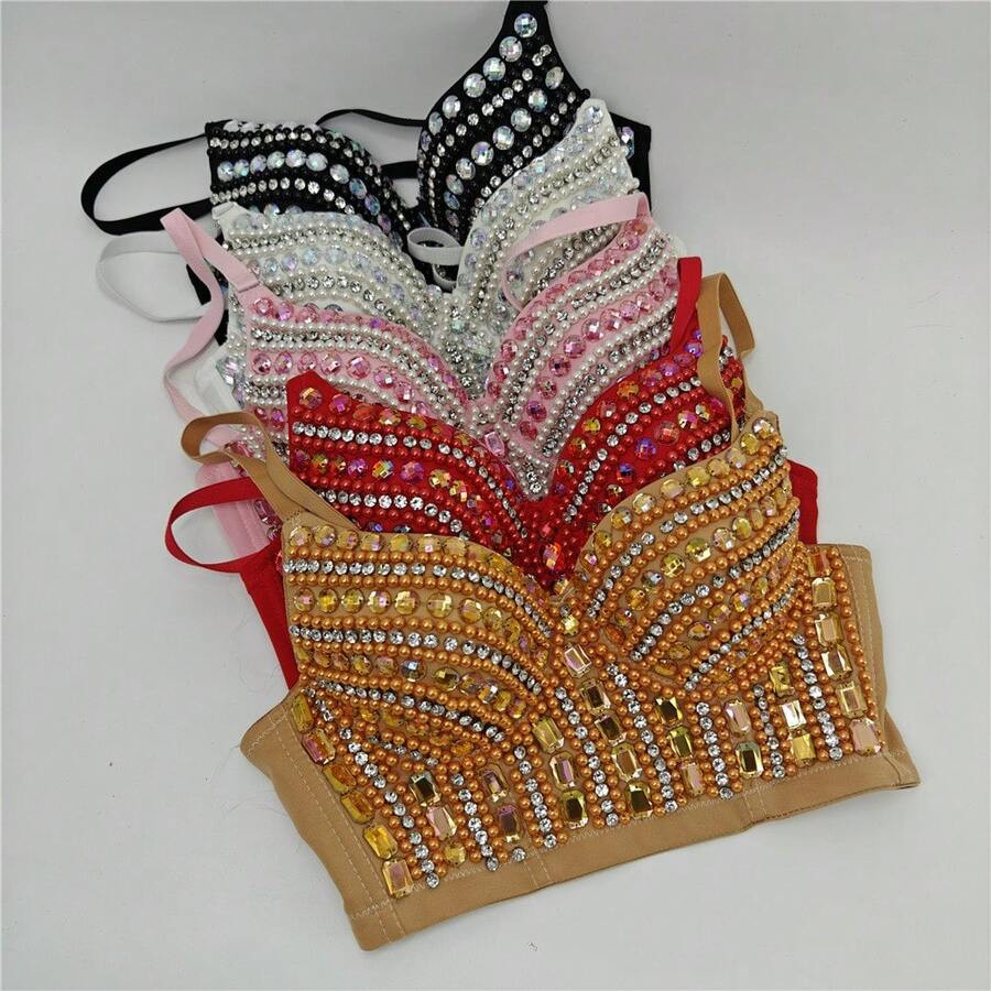 Local1PC Spicy Girl Style Push-Up Medium Cup Acrylic Beaded Hand-Stitched Fishbone Bra | SHEIN