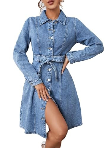 Denim Dress for Women Button Down Long Sleeve A-Line Belted Midi Jean Dresses with Pockets Blue Small | Amazon (US)