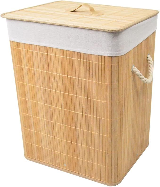 Laundry Hamper Bamboo, Large Clothes Storage Basket with Lid and Removable Liner, Freestanding Di... | Amazon (US)