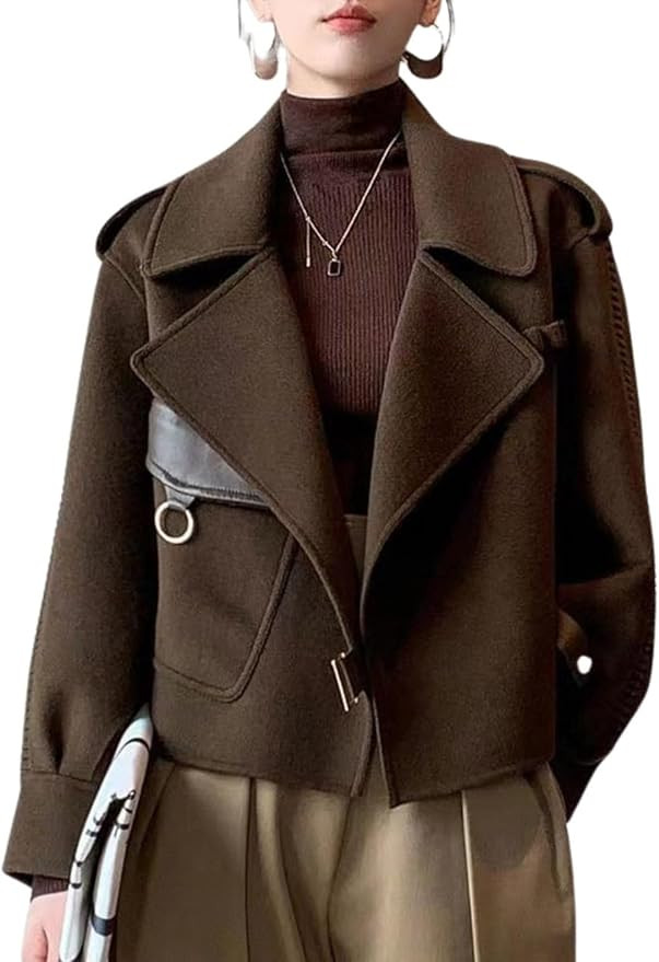 utcoco Women Cropped Wool Coats Warm Pea Coat Notched Lapel Open Front Trench Overcoat Jackets wi... | Amazon (US)