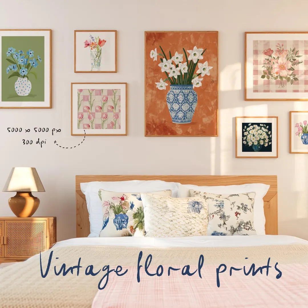 120 Eclectic Floral Prints. Vintage Flower Gallery Wall Print, Pink Blue Red Yellow Decor, Colorf... | Etsy (US)