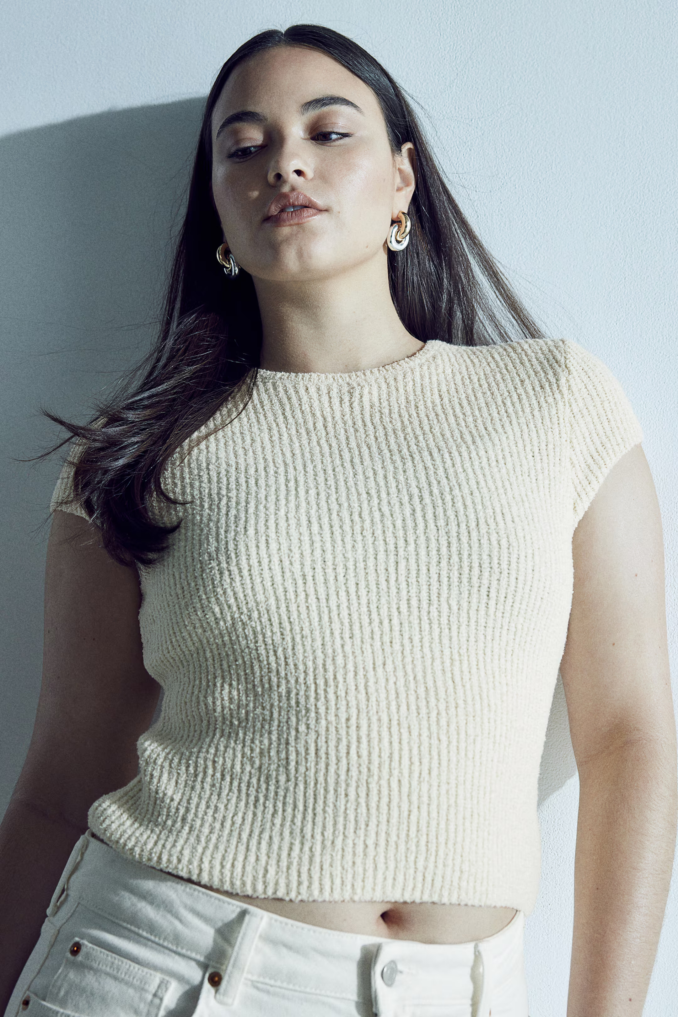 Cap-sleeved Rib-knit Top - Round Neck - Short sleeve - Cream - Ladies | H&M US | H&M (US + CA)