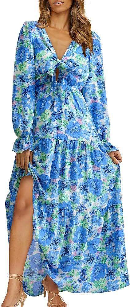 BTFBM 2023 Women's Boho Fall Dresses Floral V Neck Tie Front Cutout Casual Long Sleeve Cocktail W... | Amazon (US)
