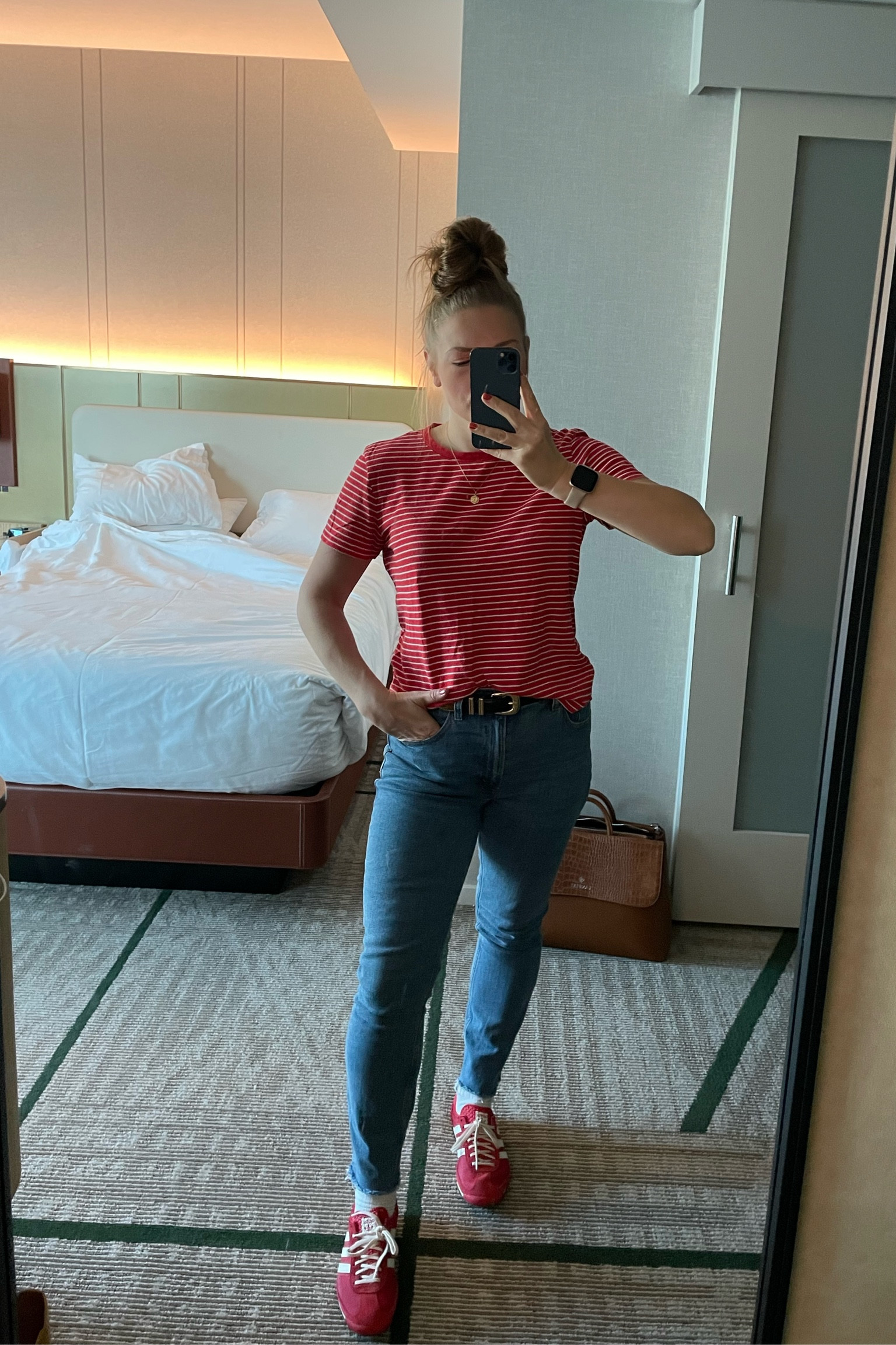 Casual ootd, featuring the color red. 

Skinny jeans, t shirt, gold necklace, staple belt, striped tee 

#LTKShoeCrush #LTKFindsUnder100