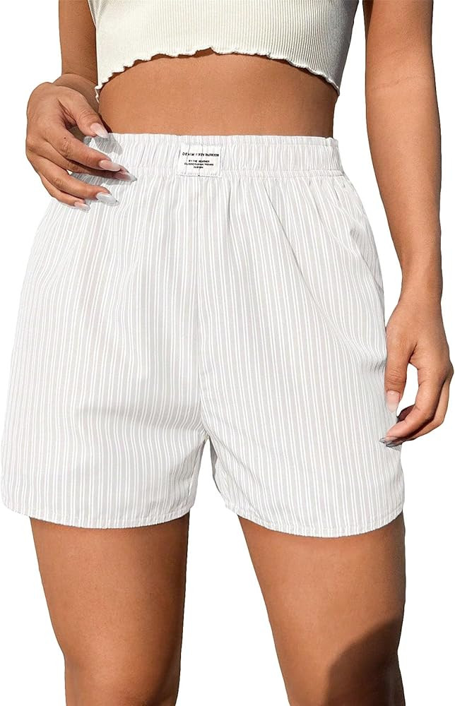 OYOANGLE Women's Summer Casual Striped Print Elastic Waist Mid Rise Straight Leg Shorts | Amazon (US)
