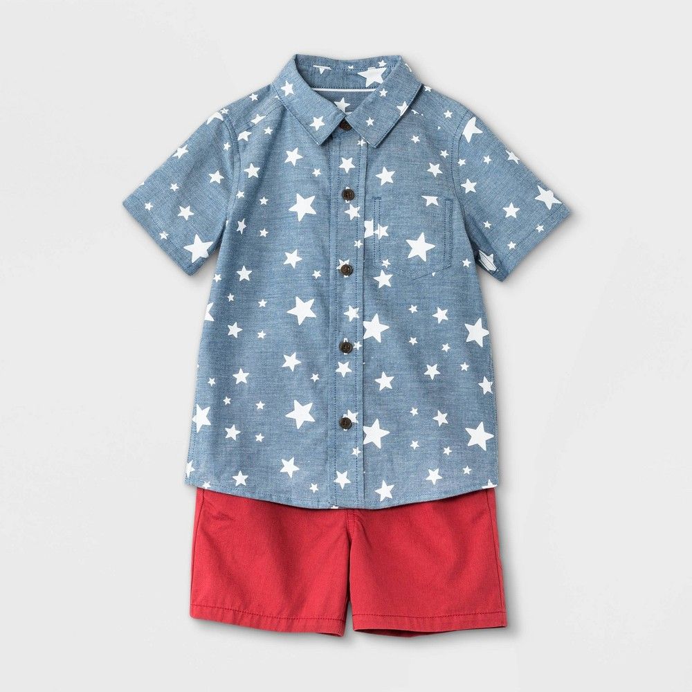 Toddler Boys' Americana Star Print Woven Chambray Short Sleeve Shirt and Pull-On Shorts Set - Cat &  | Target