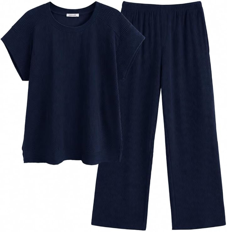 Ekouaer Two Piece Sets for Women Ribbed Short Sleeve Wide Leg Pant Set | Ribbed Texture, Crew Nec... | Amazon (US)