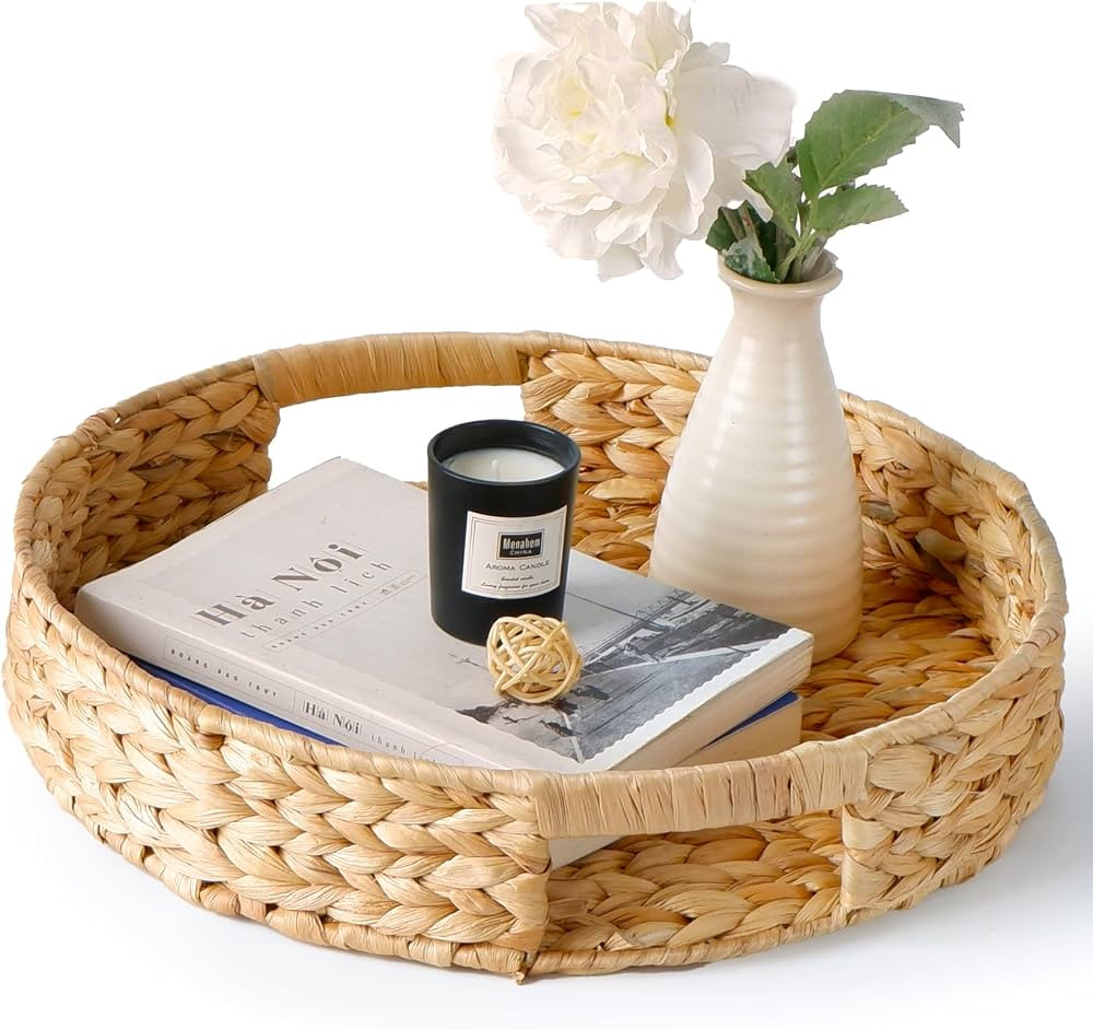 Round Hyacinth Tray, 11.8 Inch Small Natural Wicker Serving Tray, Hyacinth Woven Bowl, Round Wick... | Amazon (US)