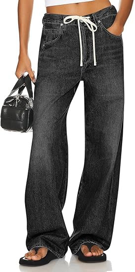 PLNOTME Womens Baggy Wide Leg Jeans Boyfriend Drawstring High Waisted Mom Denim Pants with Pocket... | Amazon (US)