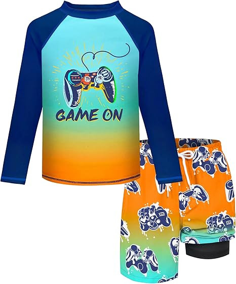 Boys Rash Guard Swim Set with Swim Trunks Bathing Suit Long Sleeve Swim Shirt Quick Dry Swimsuit ... | Amazon (US)