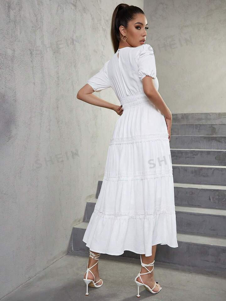 Eilly Bazar Solid Color Waist Cinched Ruffled Hem Short Sleeve Dress | SHEIN