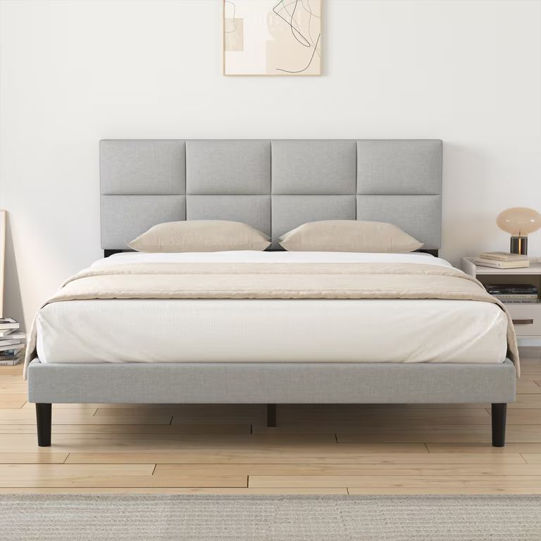 HAIIDE Queen Size bed Frame with Fabric Upholstered Headboard,light Gray, Easy Assembly | Walmart (US)