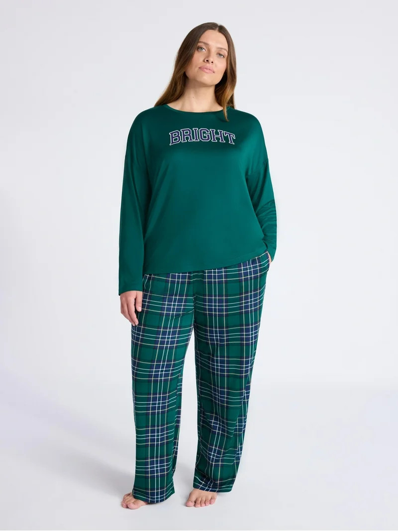 Joyspun Women's Dreamy Soft Collection Long Sleeve Sleep Top and Straight Leg Pants Pajama Set, 2... | Walmart (US)