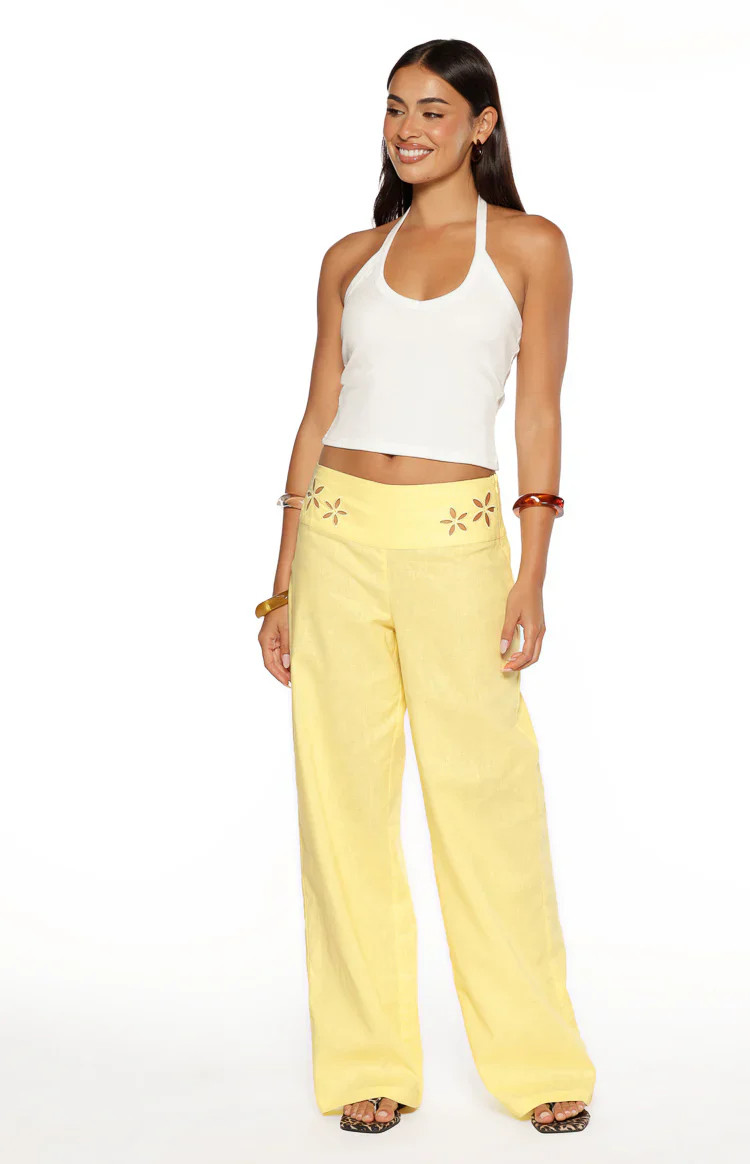 Alamara Yellow Floral Detail Wide Leg Pants | Beginning Boutique | Beginning Boutique (US)