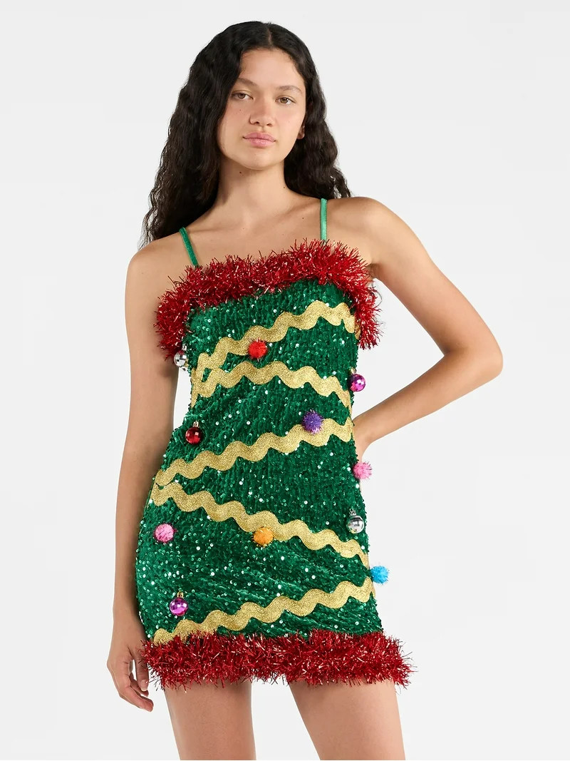 No Boundaries Christmas Tree Mini Dress, Women’s | Walmart (US)