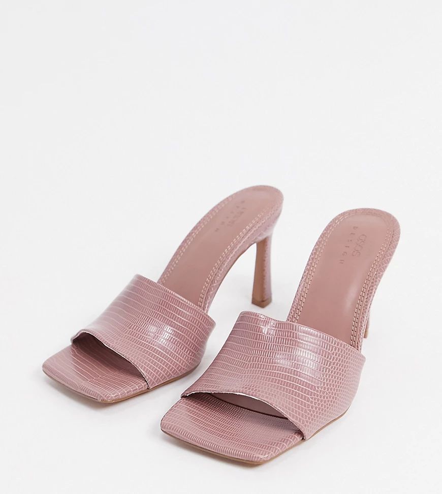 ASOS DESIGN Wide Fit Hattie mid-heeled mule sandals in blush lizard-Pink | ASOS (Global)