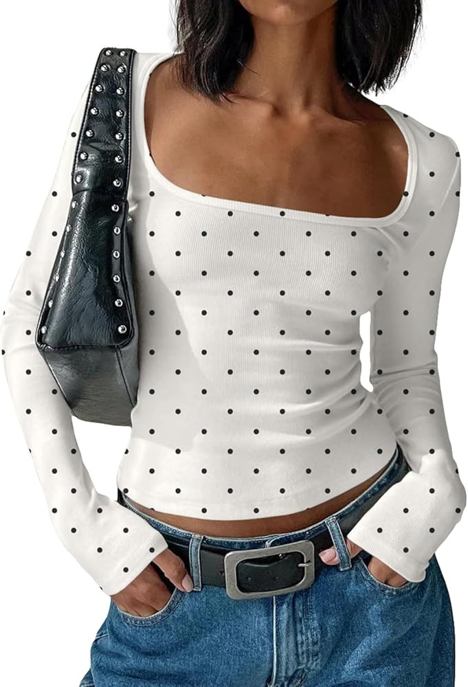 BAIGRAM Women Y2K Polka Dot Long Sleeve Crop Tops-Vintage Boho Scoop Neck Tee Shirt Tight Fit Jer... | Amazon (US)