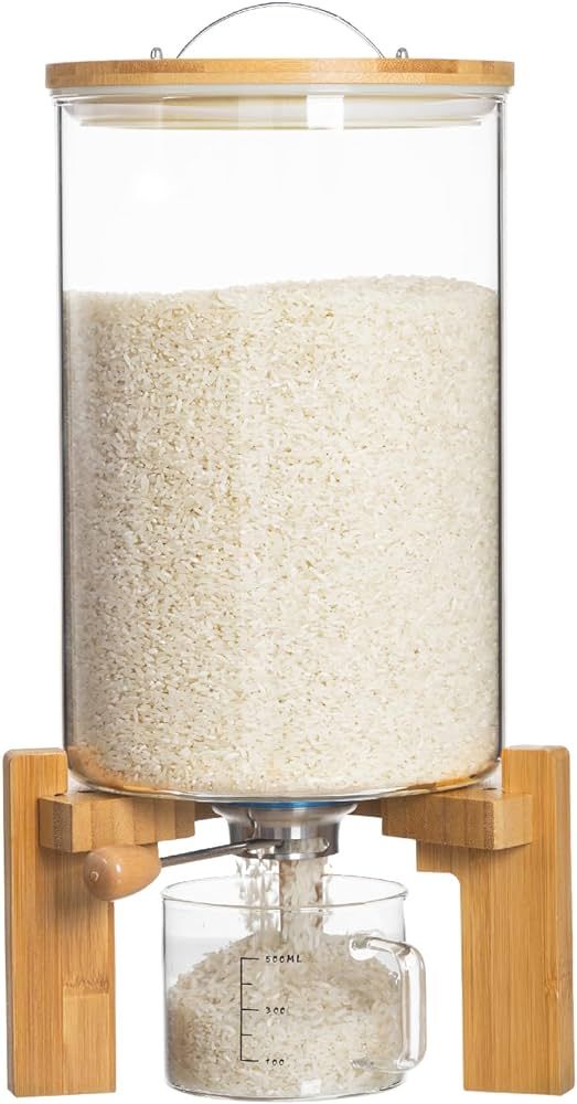 HBlife Glass Rice Dispenser with Wooden Stand Flour and Cereal Container with Glass Measuring Cup... | Amazon (US)