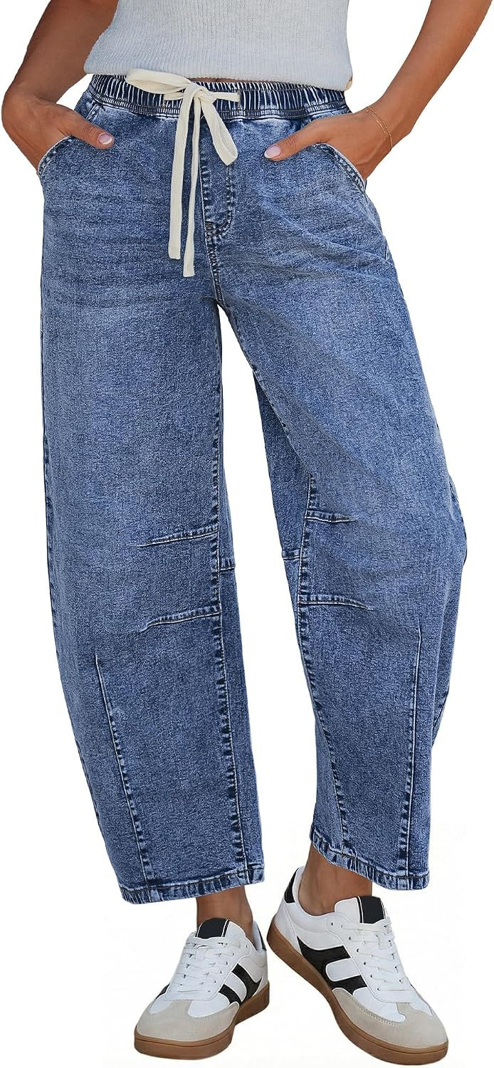 GRAPENT Barrel Jeans Women High Rise Pull On Elastic Waist Crop Denim Pants | Amazon (US)