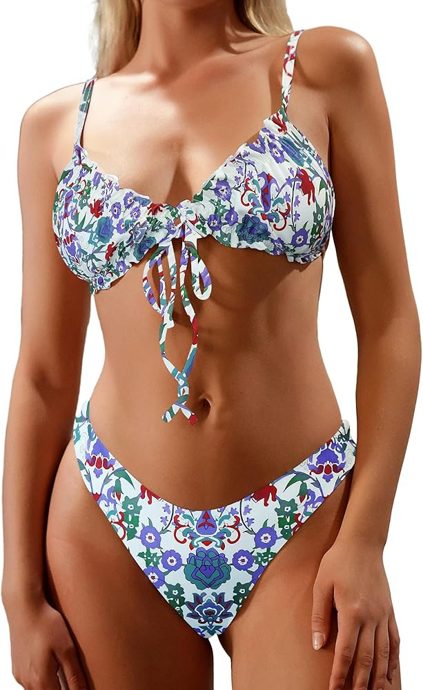 ZAFUL Women's Triangle Bikini Floral Ruffles Bow Tie Up Bikini Set Two Piece Swimsuit | Amazon (US)
