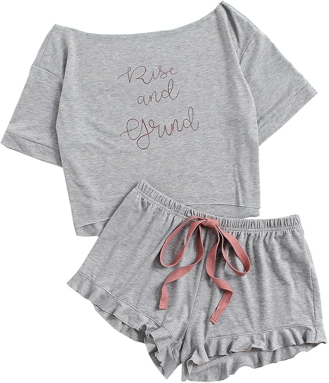 Women's Boat Neck High Low Hem Top Frill Shorts Pajama Set | Amazon (US)