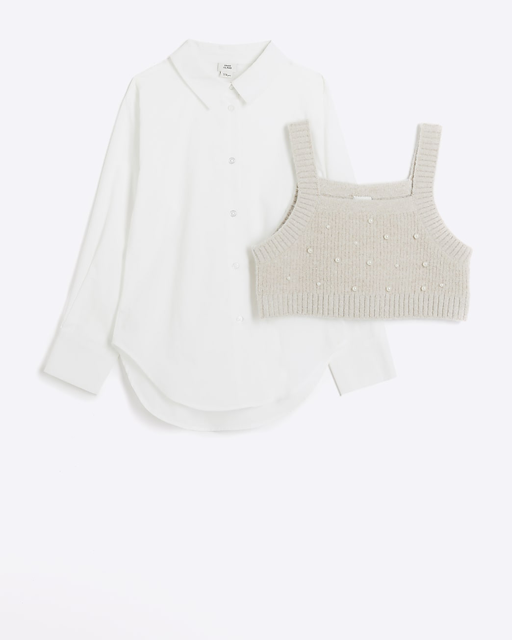 Girls Beige Embellished Knit Top And Shirt | River Island (UK & IE)