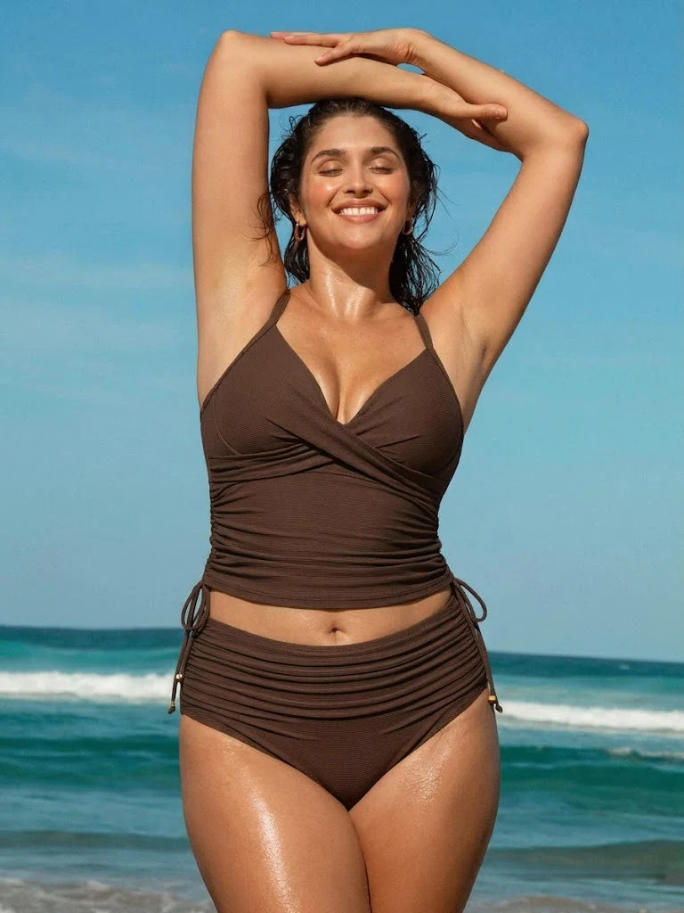 Coffee Ruched Plus Size Bikini Bottom & Reviews - Coffee - Sustainable Plus Size Bikinis | BERLOO... | BERLOOK
