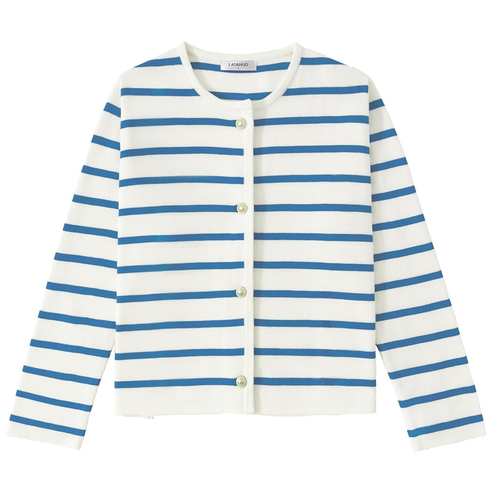 Women's Striped Cardigan Sweater Trendy Long Sleeve Button Down Crewneck Knit Cardigans | Amazon (US)