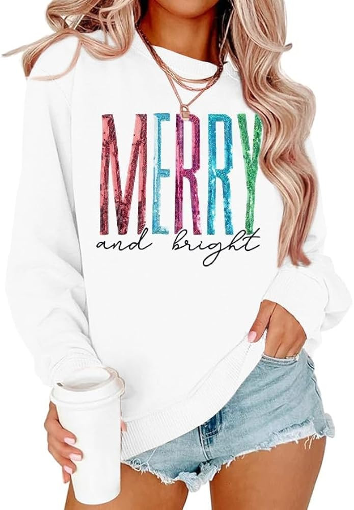 Merry and Bright Sweatshirt Women Merry Christmas Letter Print Long Sleeve Sweater Xmas Crewneck ... | Amazon (US)