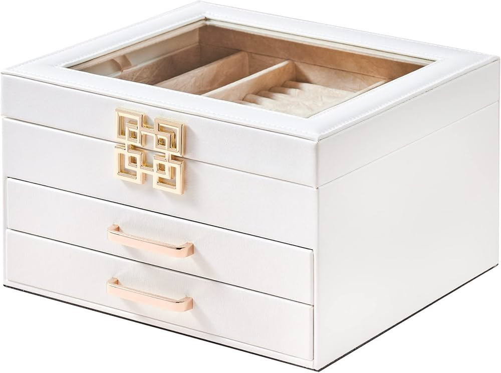 MILONT Jewelry Box for Women,3 Layers Jewelry Organizer with Clear Lid,2 Drawers,Large Velvet Jew... | Amazon (US)