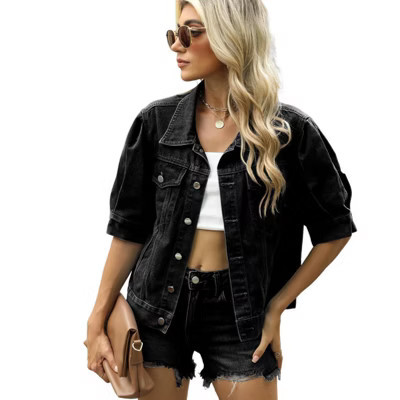 Short Sleeve Denim Jacket for Women Lightweight Jean Jackets Shirt Summer Top Black L | Target