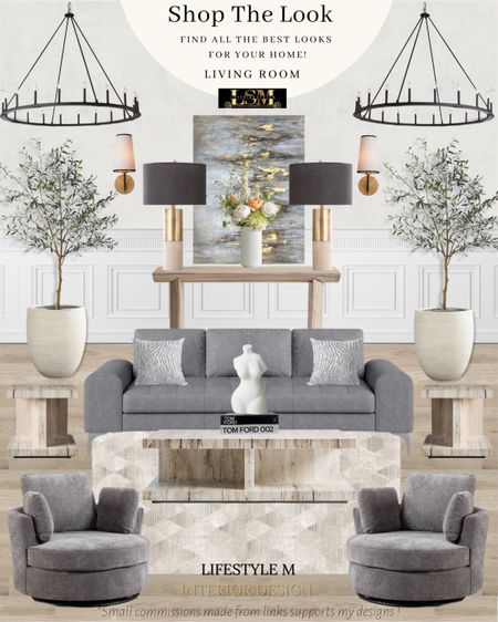 Grey modern farmhouse living room design idea. Grey sofa chair, grey accent chair, diamond creme rug, white grey throw pillow, wood coffee table, white statue decor, decor books, wood end table, white tree planter pot, realistic fake tree, wheel chandelier, grey abstract wall art, black table lamp, white vase, wall sconce light.

#LTKhome #LTKFind #LTKstyletip