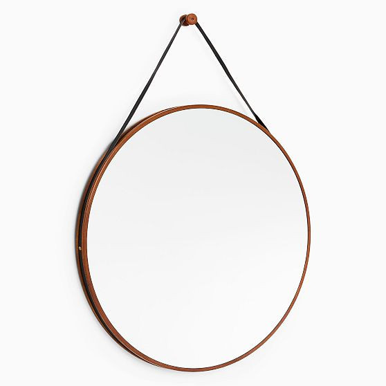 Modern Leather Round Hanging Mirror, Walnut and Black, 36"" Diam | West Elm (US)