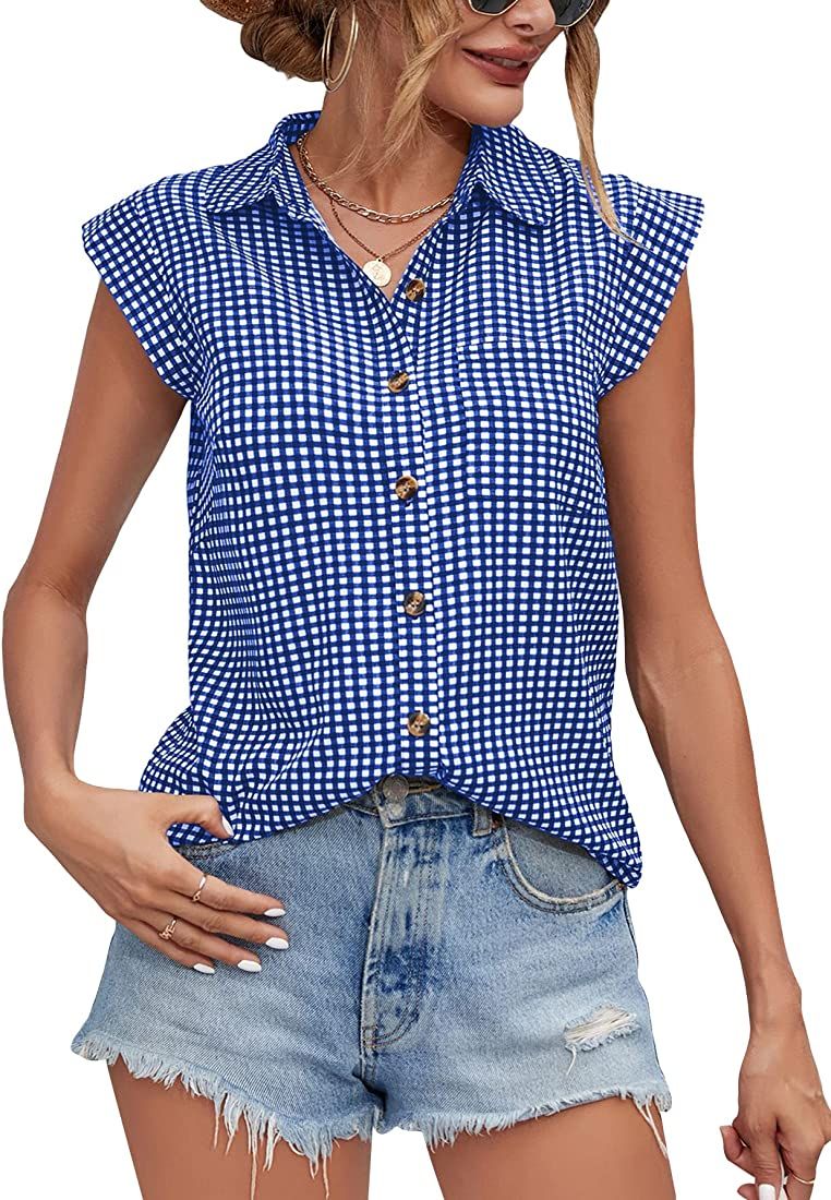 SOLY HUX Women's Plaid Button Down Shirt Cap Sleeve Pocket Front Summer Tops Blouse | Amazon (US)